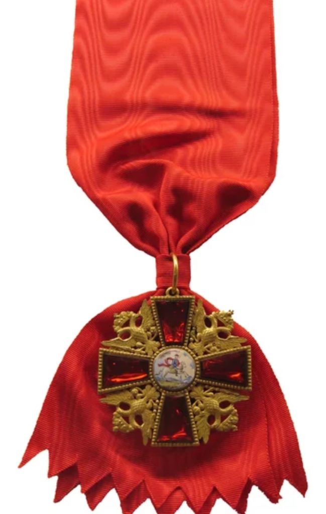 Знак (крест) ордена св. Александра Невского на ленте. 
Конец XVIII - начало XIX вв. Аверс.
